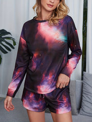 Tie Dye Print Two Piece Set Long Sleeve Tops & Pocket Shorts