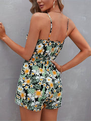 Floral Print Spaghetti Strap Romper Vacation Slim Waist Sleeveless Romper