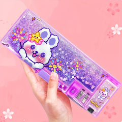 Purple Sequin Quicksand Pencil Case with Rabbit Print Sharpener & Lock