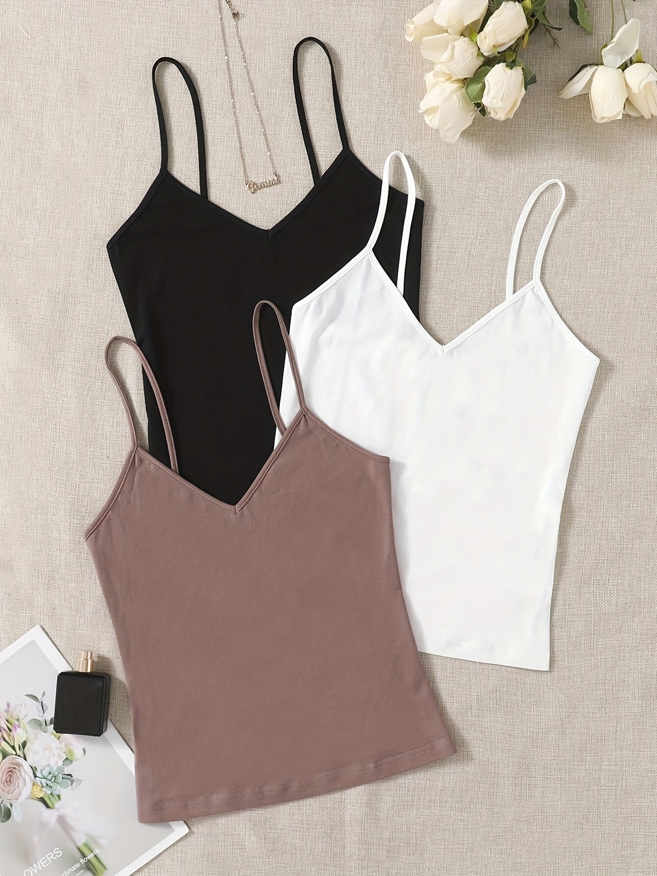 3 Pack Solid Cami Tops V Neck Summer Sleeveless Women's Clothing