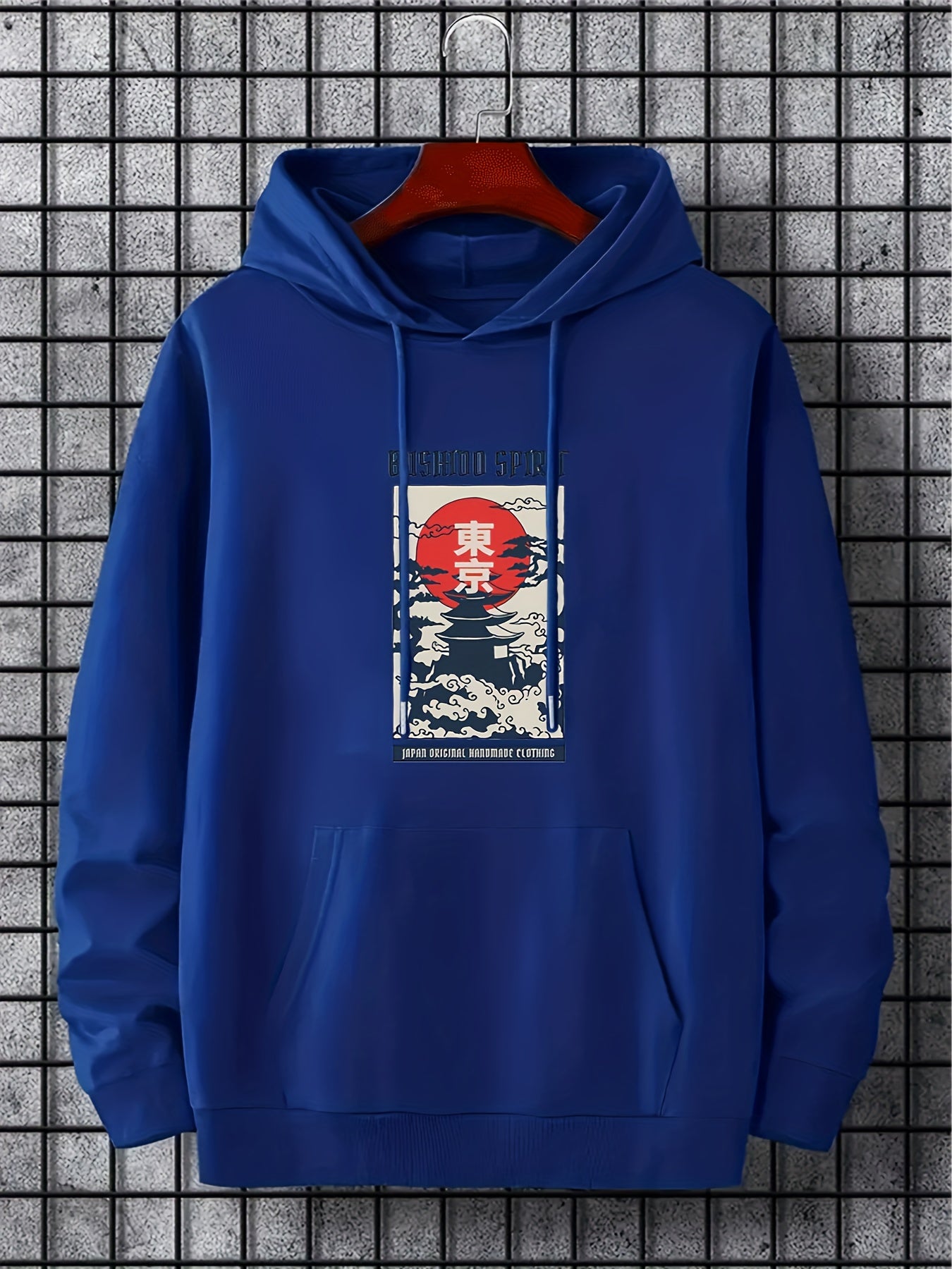 Japanese Style Print Hoodies For Men Graphic Sweatshirt With Kangaroo Pocket