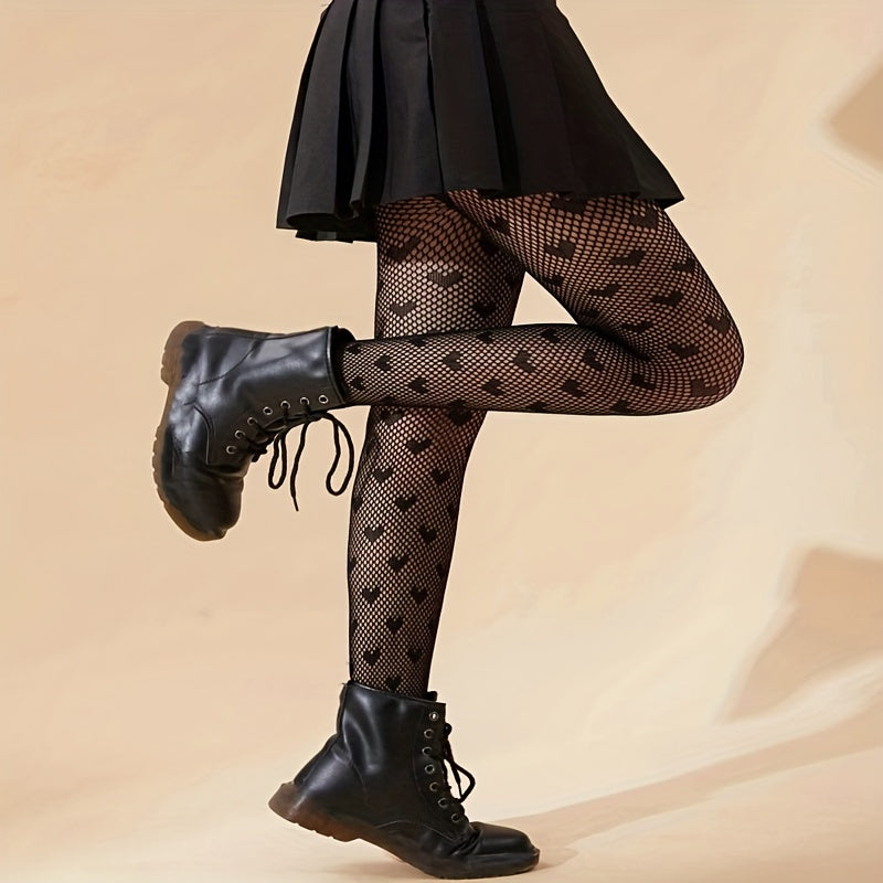 Heart Print Fishnet Tights High Waist Mesh Pantyhose Women's Stockings