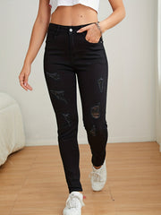 High Rise Ripped Skinny Jeans Solid Denim Pants