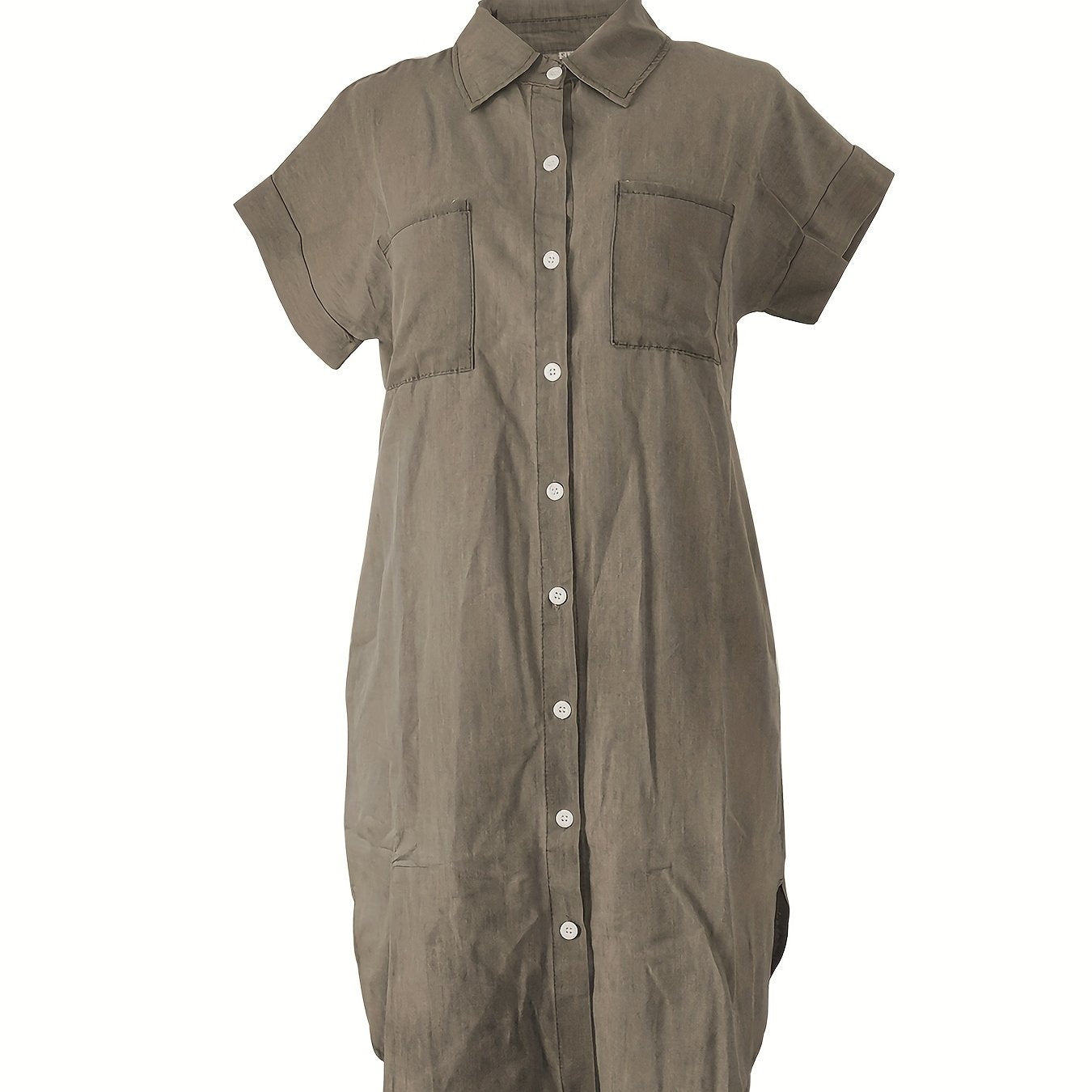 Solid Lapel Denim Dress Short Sleeves Single Breasted Button Denim Dress