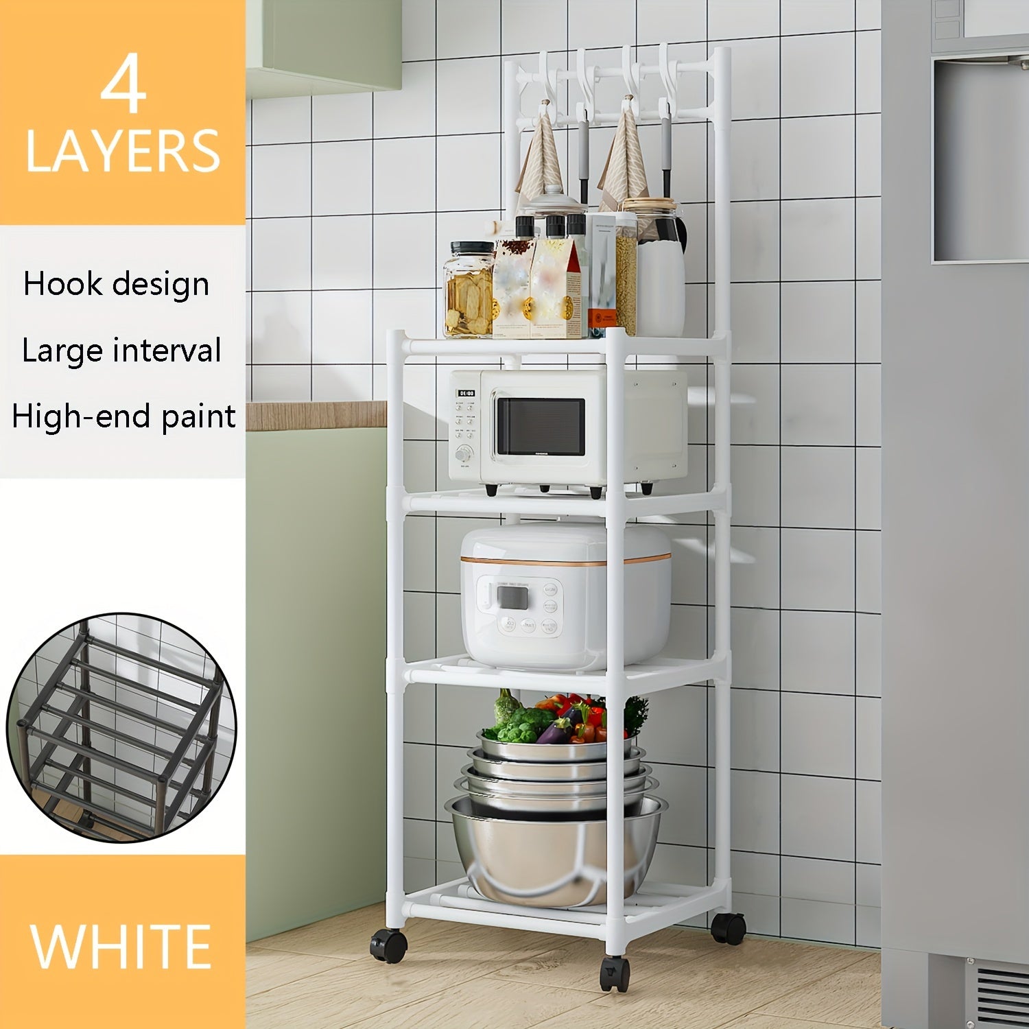 4-Layer Kitchen Shelf with Pulley and Hook, Pot Storage Rack
