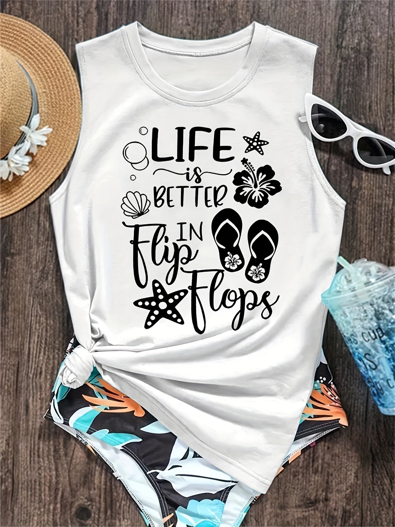 Letter Print Tank Top Crew Neck Sleeveless Summer Beach Women's Tank Top