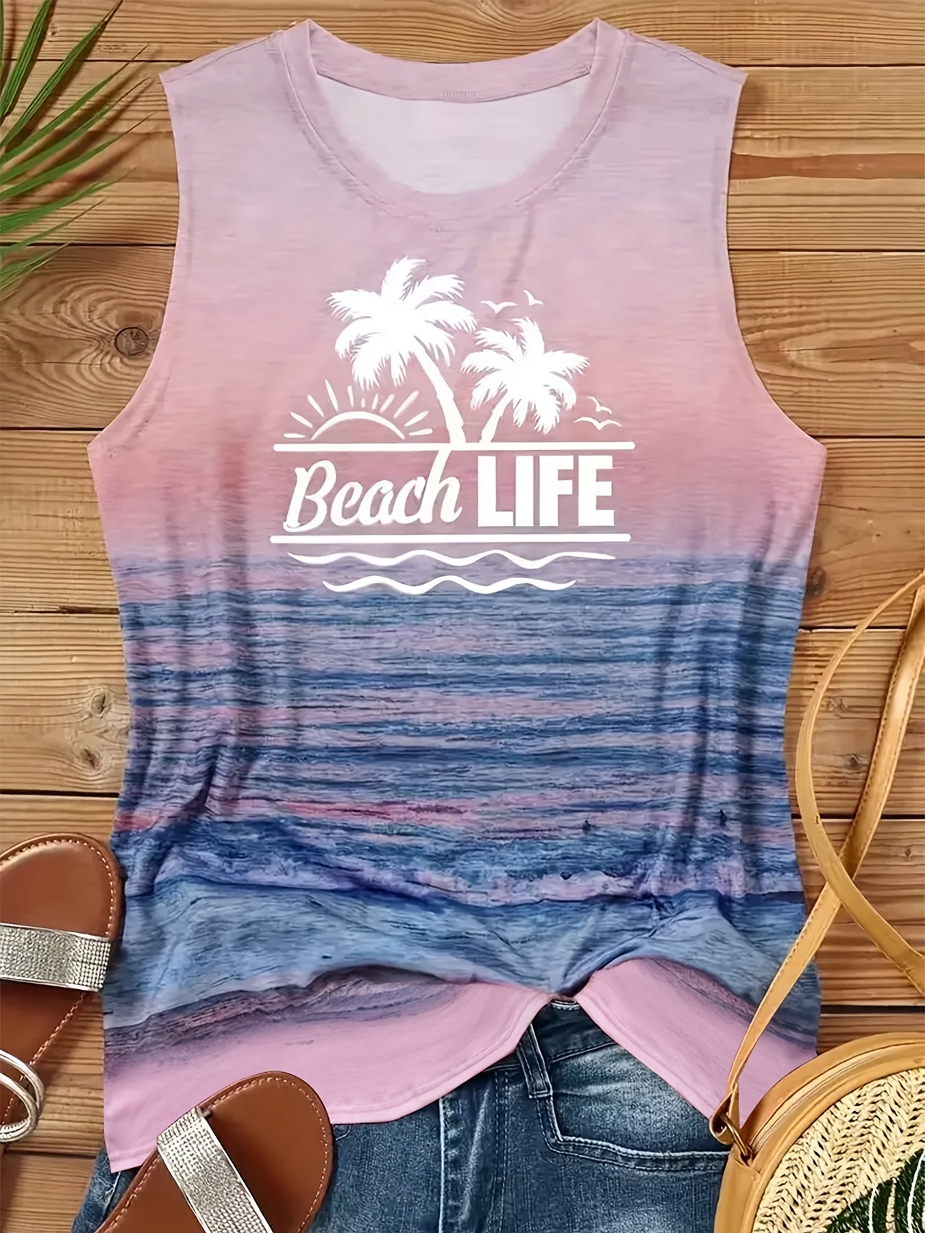 Beach & Letter Print Tank Top Sleeveless Casual Crew Neck Tank Top