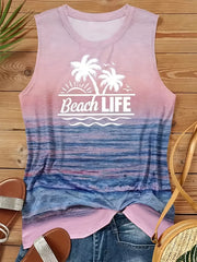 Beach & Letter Print Tank Top Sleeveless Casual Crew Neck Tank Top