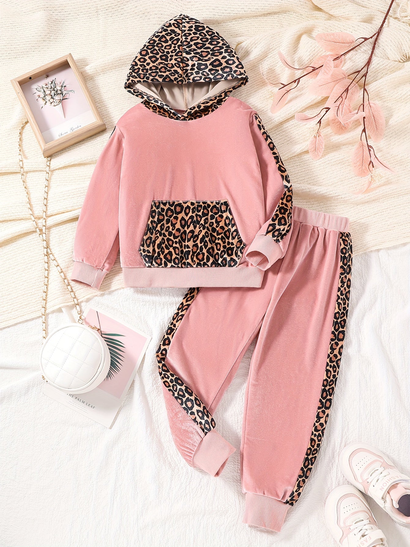 Leopard Velvet 2pcs Hoodie & Sweatpants Set for Girls