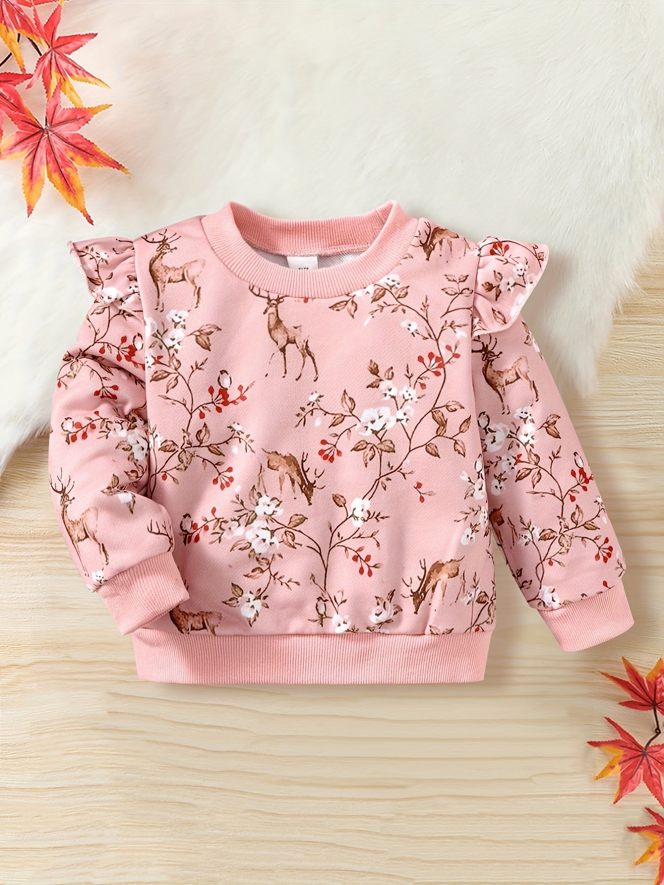Baby Girls Fawn Floral Print Ribbed Flutter Sleeve Pullover Round Neck Tops
