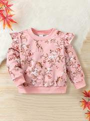 Baby Girls Fawn Floral Print Ribbed Flutter Sleeve Pullover Round Neck Tops