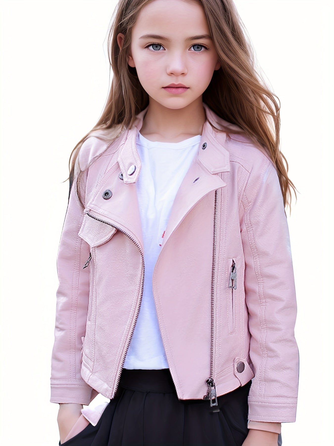 Girls Diagonal Zipper PU Leather Motorcycle Jacket