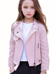 Girls Diagonal Zipper PU Leather Motorcycle Jacket
