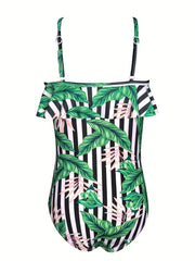 Girls' Floral Ruffled Trim Suspenders Swimsuit