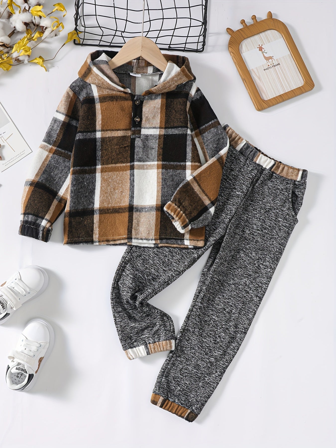 Toddler Boy's Hooded Shirt & Pants Set Plaid Pattern Casual Outfits