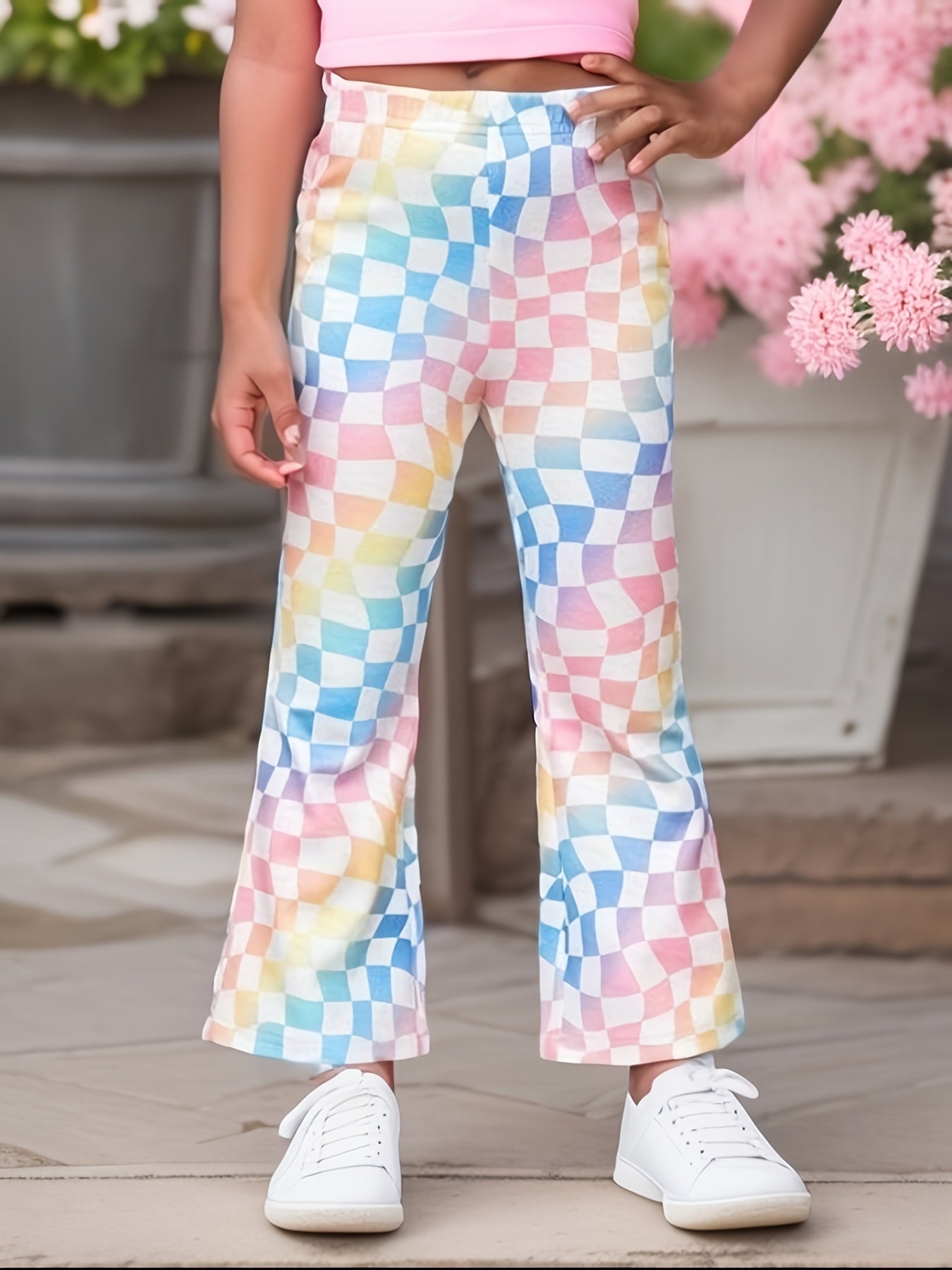 Girls' Colorful Plaid Bell Bottom Pants For Casual Street