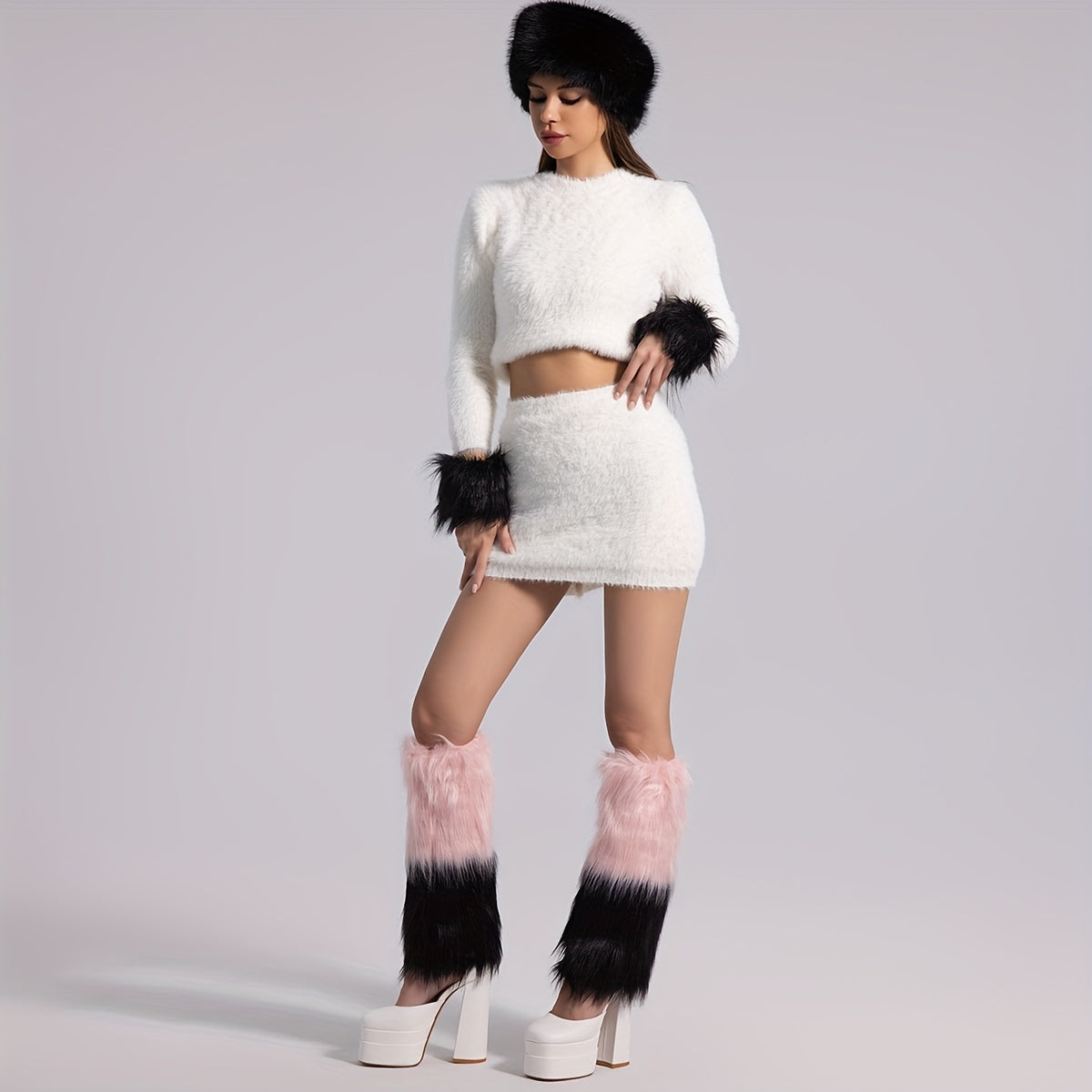 Colorblock Fuzzy Leg Warmers Knee High Socks Women's Stockings