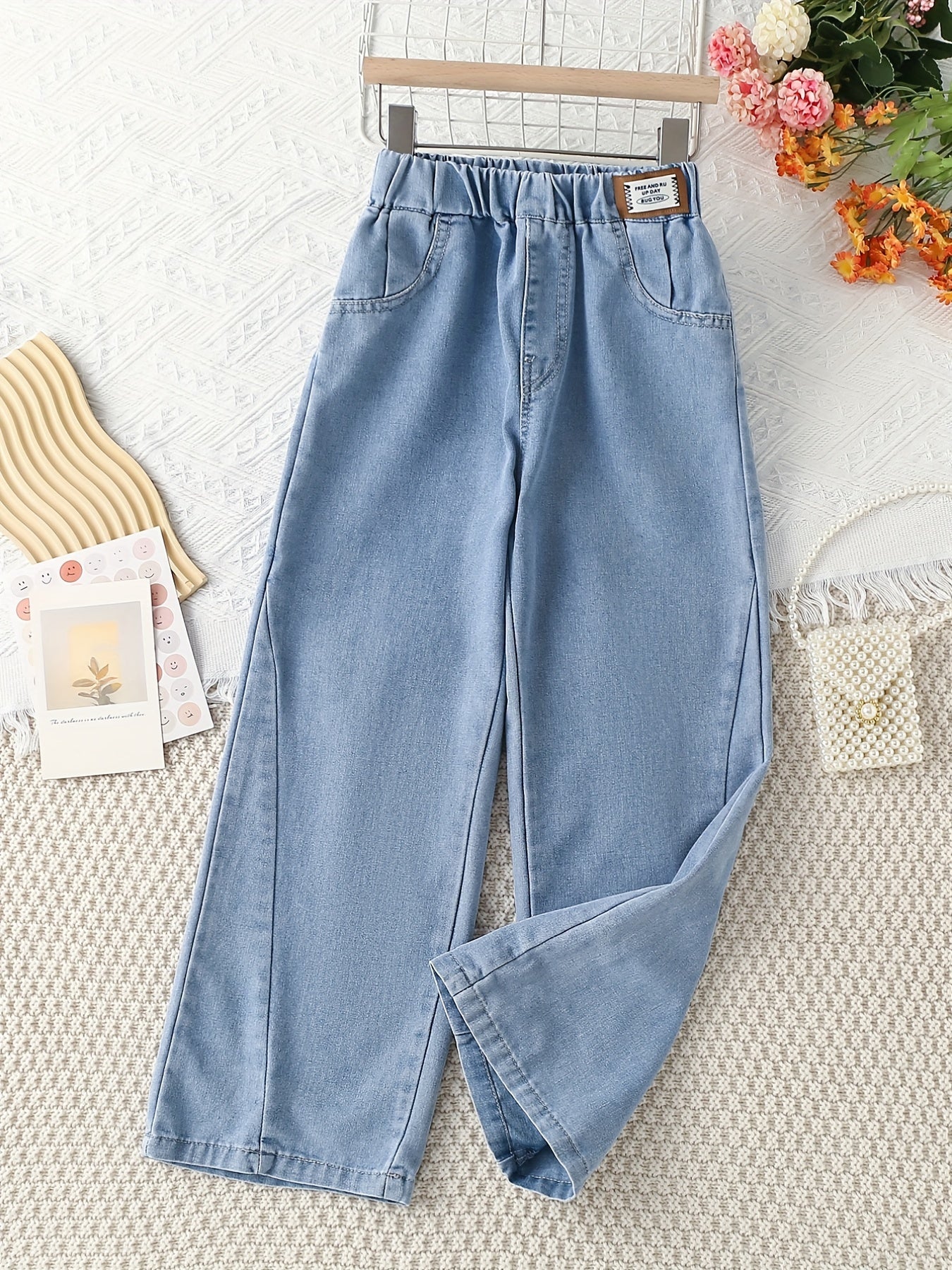 Girls Wide Leg Denim Pants with Pockets