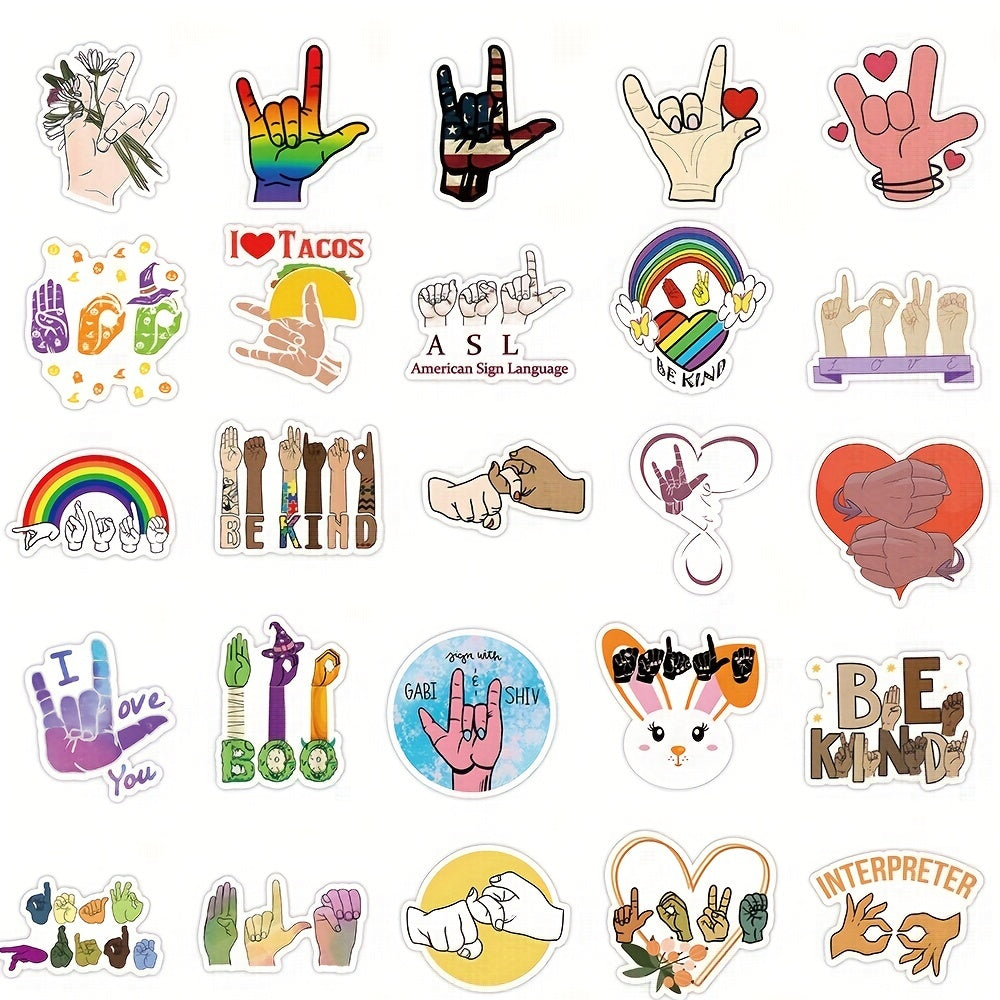 ASL Stickers: I Love You, Be Kind, Rock Gesture Stickers - 50 PCS