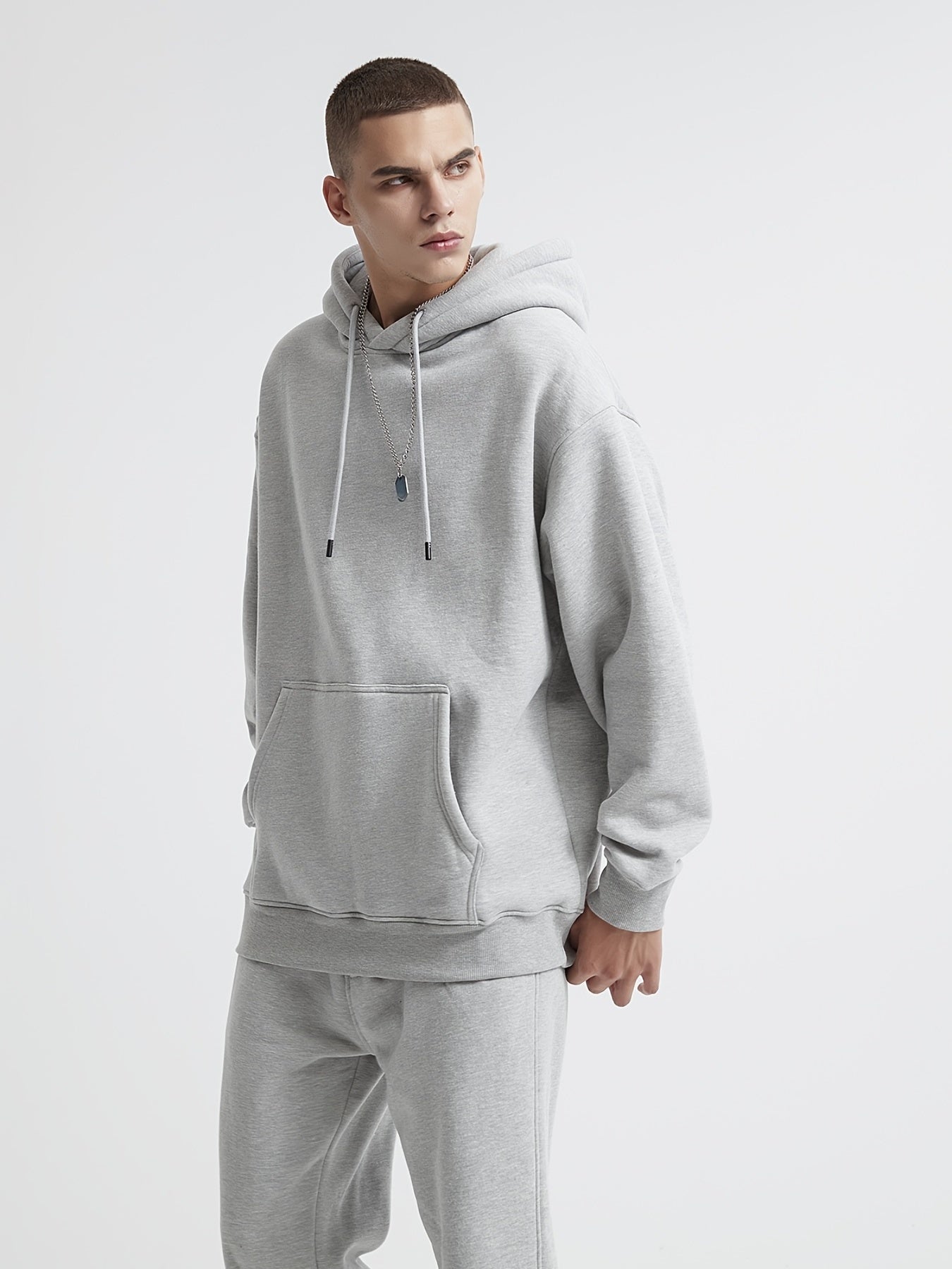 Men's Light Grey Hoodie Casual Polyester & Cotton Hooded Sweatshirt Tops