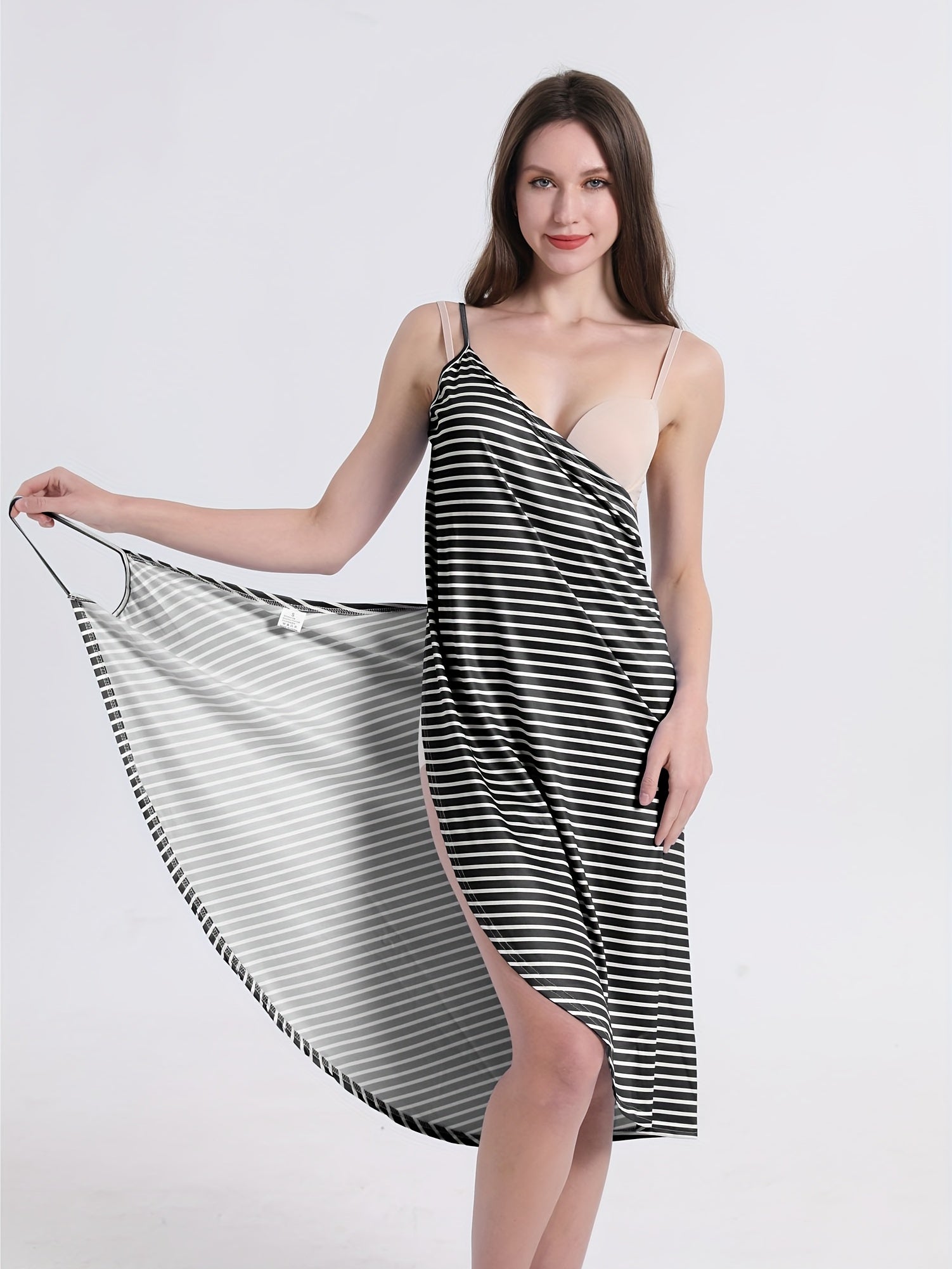 Striped V Neck Beachwear Dress Spaghetti Straps Backless Cover Up
