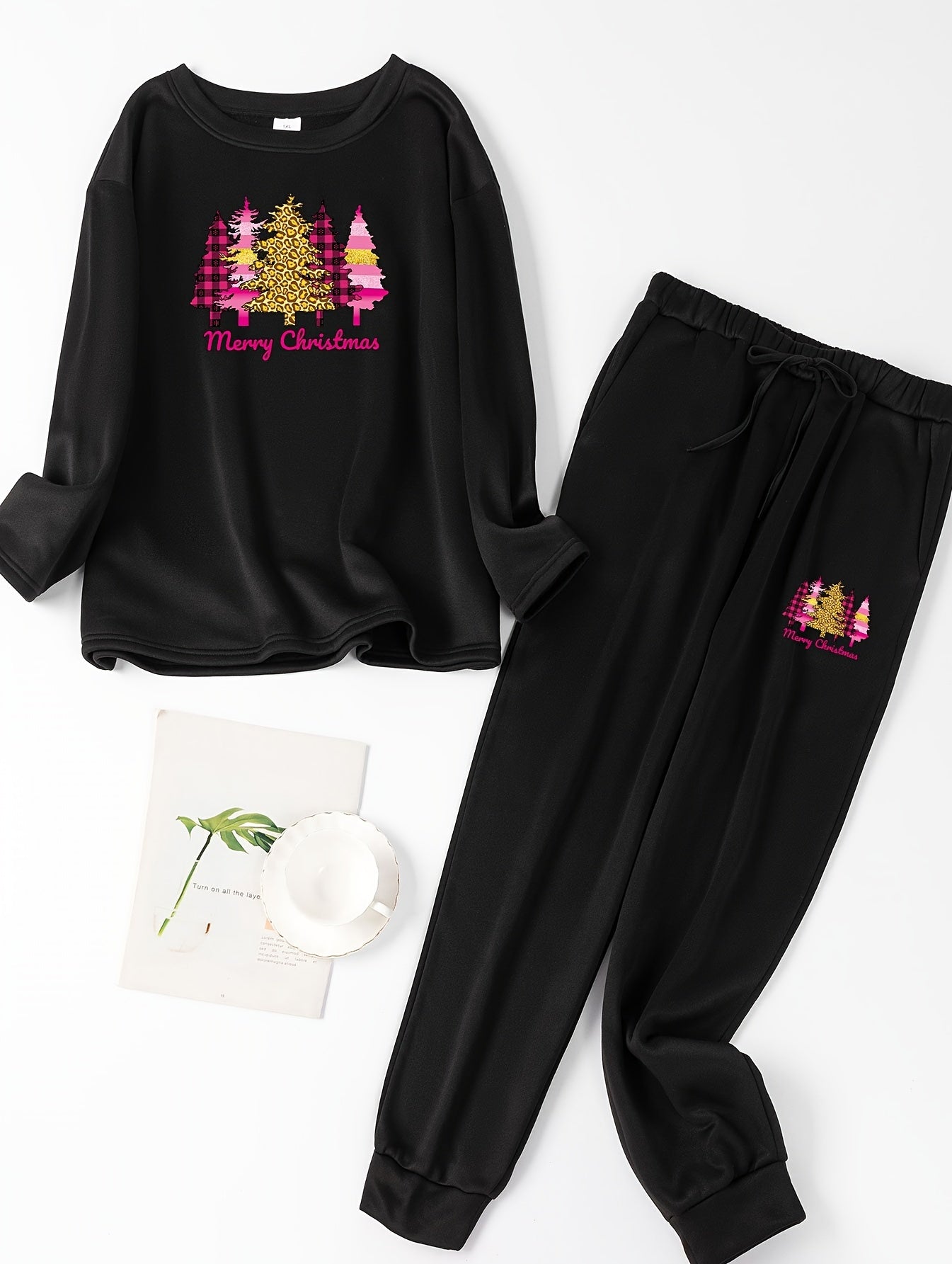 Christmas Lounge Set Women's Tree & Slogan Print Fleece Pajamas