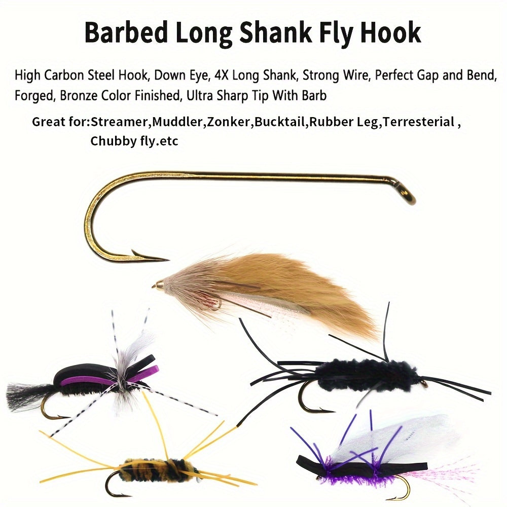 50pcs Long Shank Fly Tying Hooks For Streamer Muddler Zonker Bucktail Rubber Leg