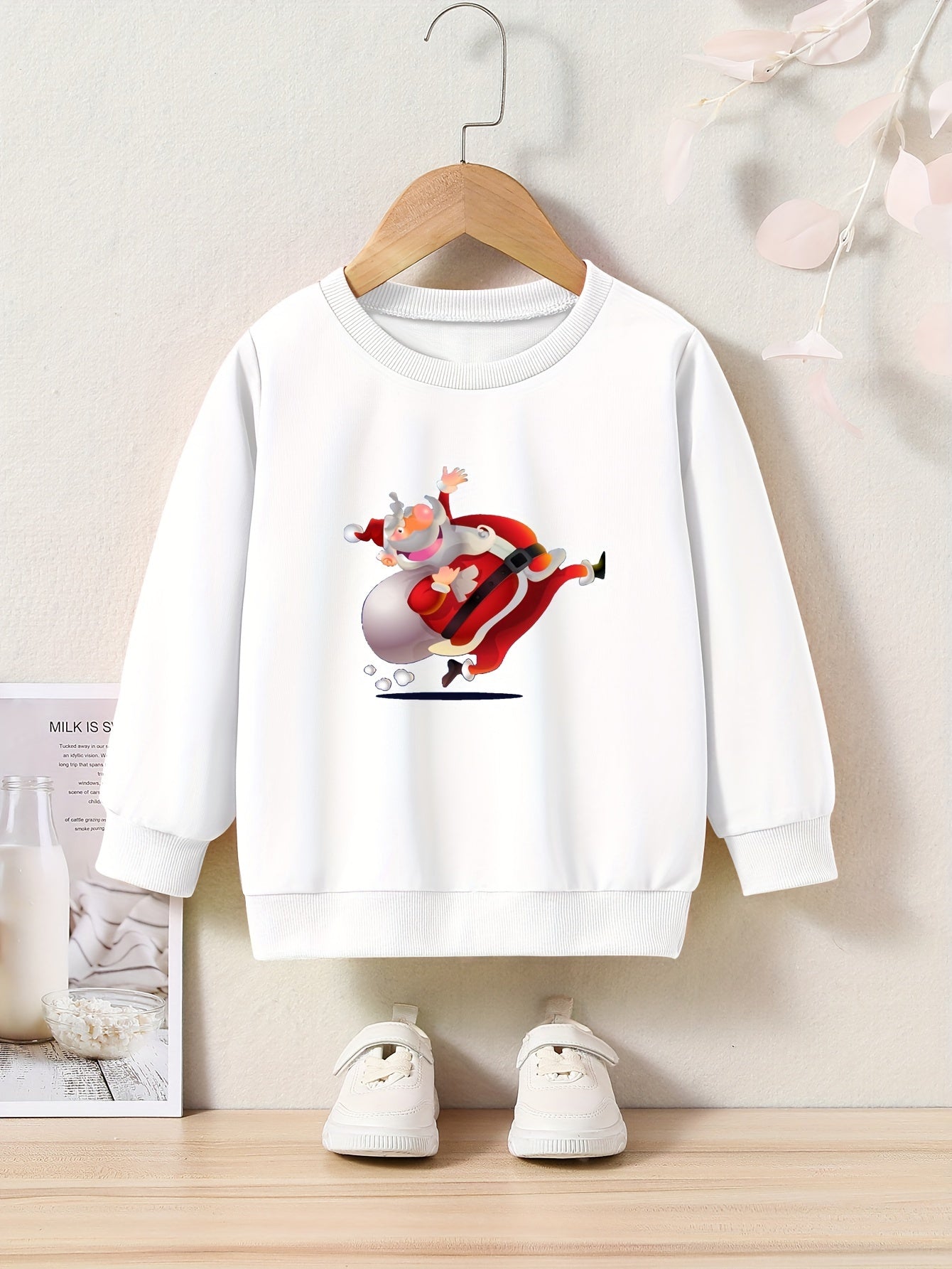 Christmas Santa Print Girls Pullover Sweatshirt Long Sleeve Crew Neck Tops