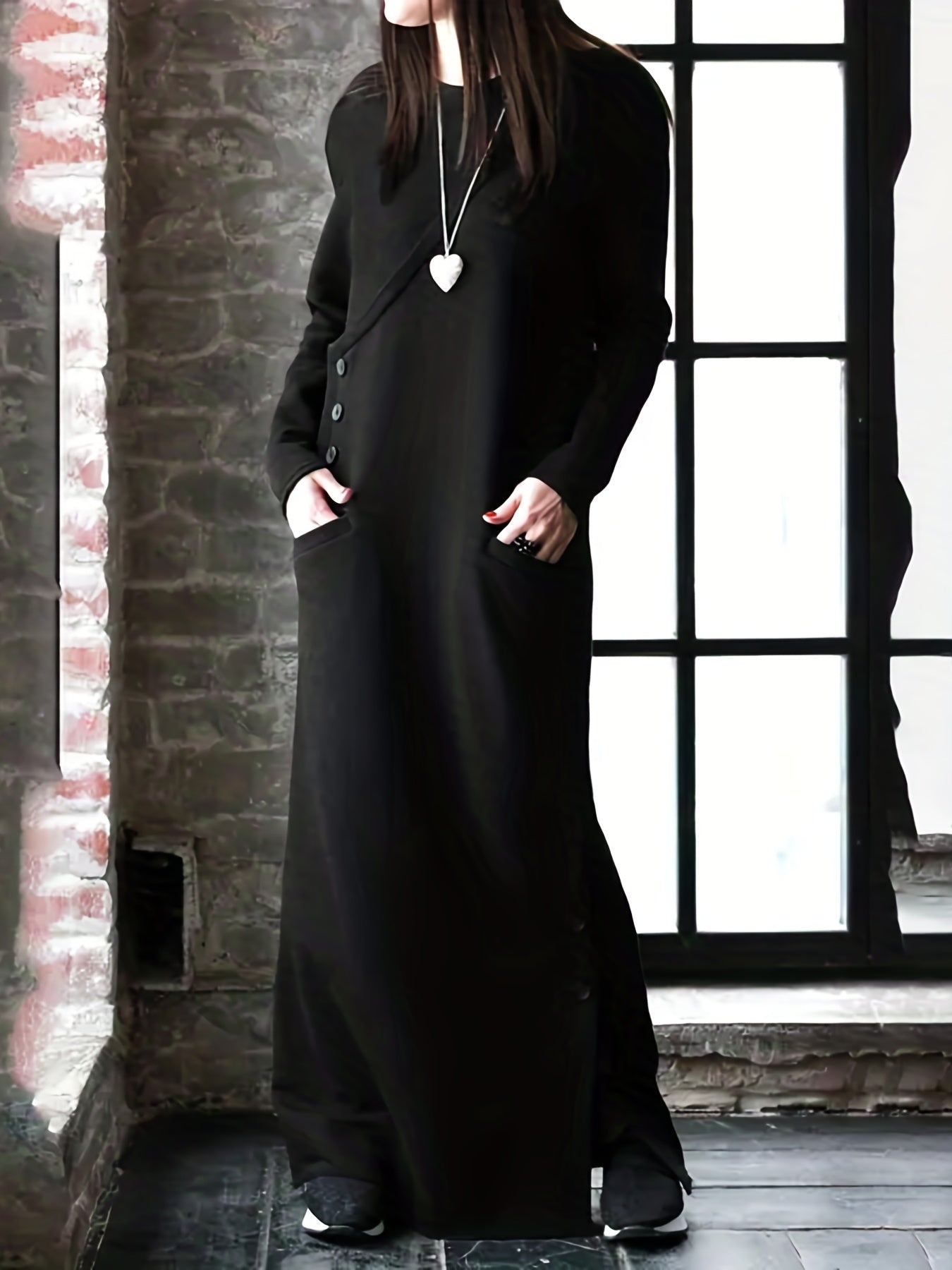 Solid Button Detail Long Sleeve Maxi Dress
