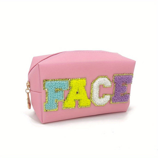 Chenille Letter Preppy Patch Makeup Bag Waterproof PU Leather Cosmetic Bag