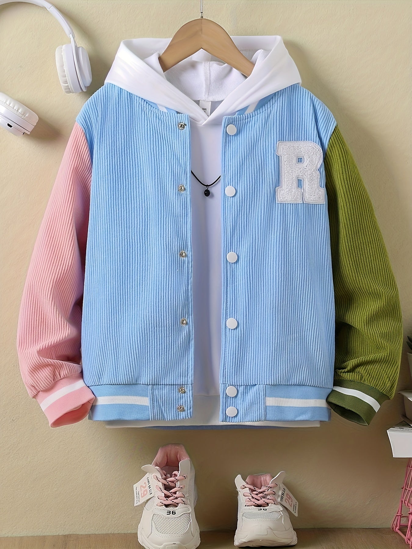 Girl's Letter Patched Varsity Jacket Preppy Kids School Baseball Jacket