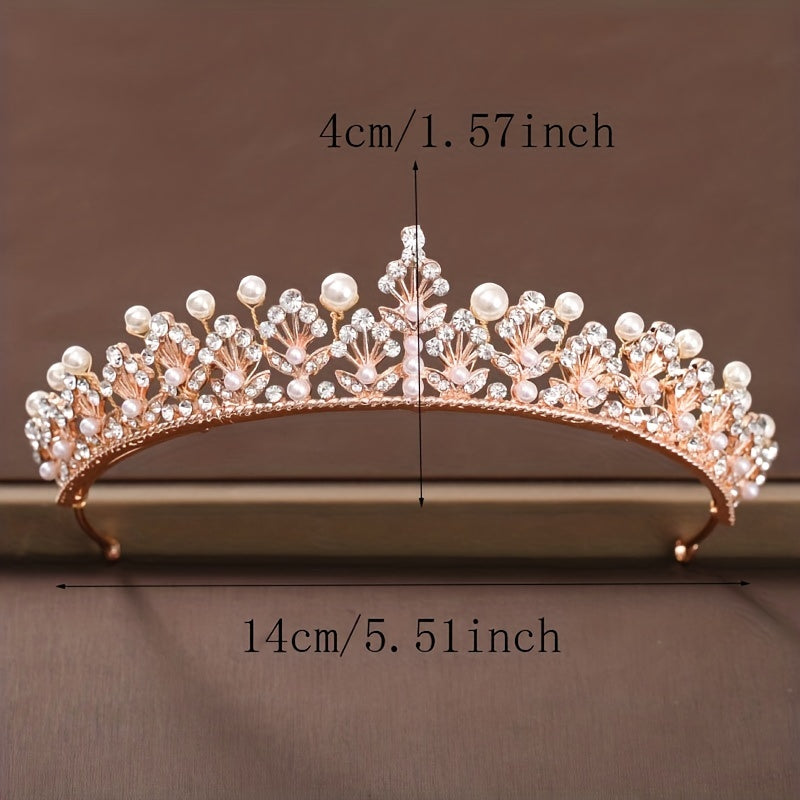 Golden Rhinestone Faux Pearl Wedding Crown Headband Bridal Tiara