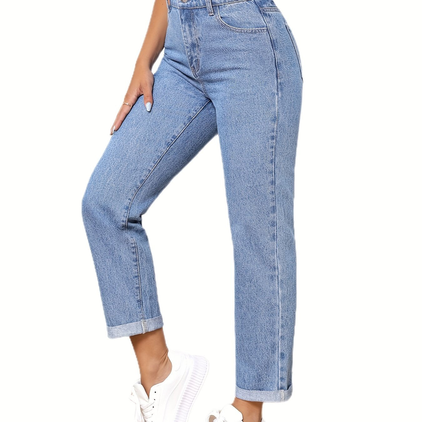 Straight Leg Elastic Waist Jeans Non Stretch Denim Pants