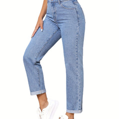 Straight Leg Elastic Waist Jeans Non Stretch Denim Pants