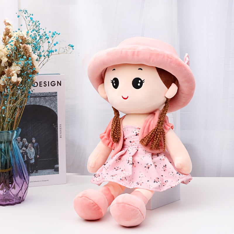 13in Plush Girl Doll with Braided Hair Red Outfit Expressive Eyes Cuddly Toy