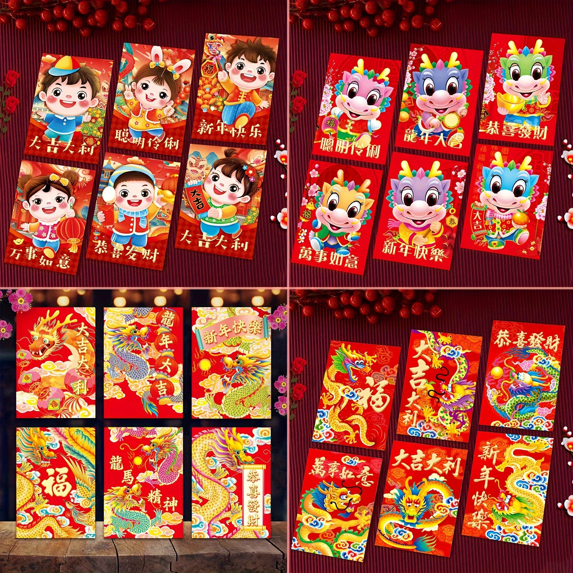 6pcs Chinese New Year Red Packets for Year Of The Dragon Celebrations