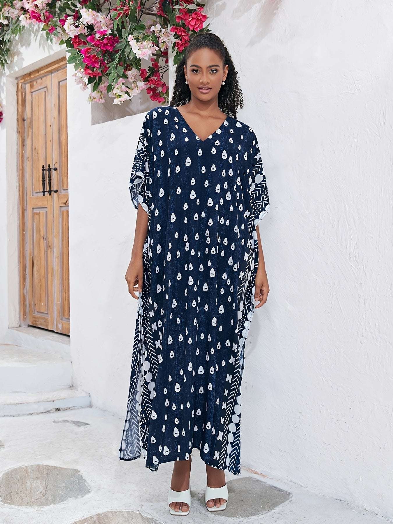Boho Kaftan Dress Women's Allover Print Batwing Sleeve V Neck