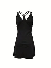 Solid V Neck Ruched Dress Sexy Spaghetti Strap