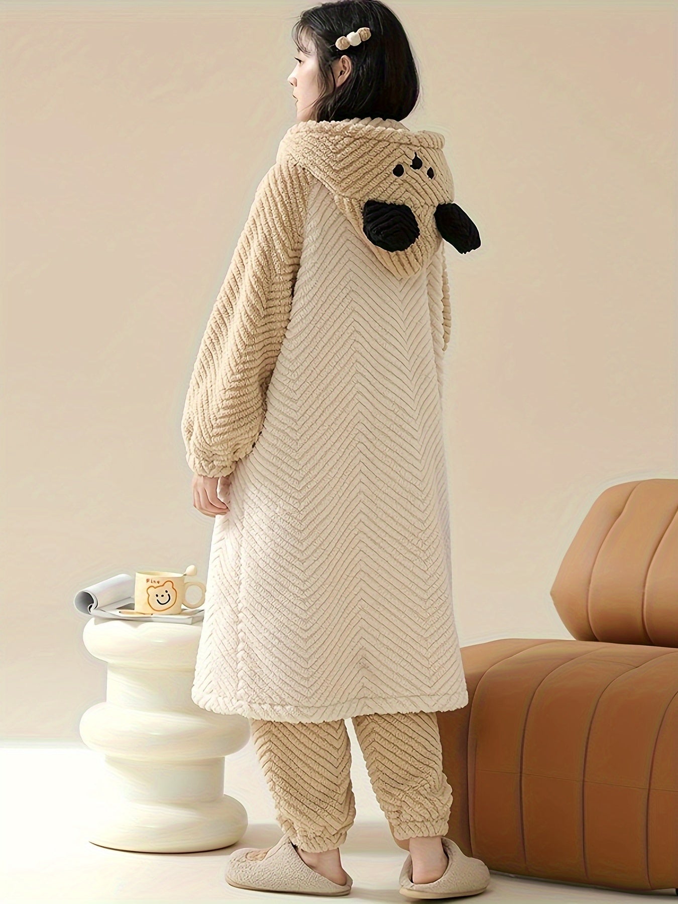 Cartoon Bear Pajama Set Robe & Pants Women's Sleepwear