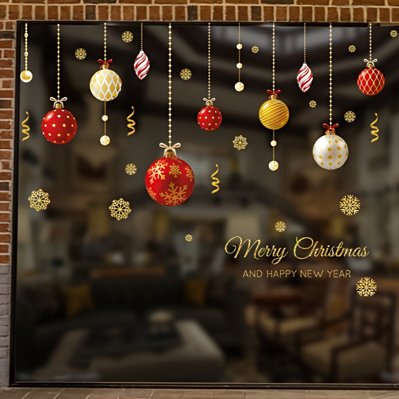 Christmas Wall Stickers for Shop Windows - Golden Pendants & Colorful Balls