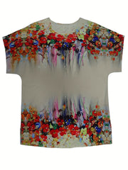 Casual Painting Print Batwing Sleeve Round Neck Blouse