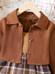 Girl's Plaid Pattern Sundress & Corduroy Jacket Set for Spring Autumn