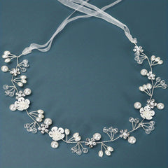 Flower Faux Pearl Crystal Headband Ribbon Wedding Bridal Jewelry
