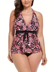 Modest Tankini Set Women's Plus Tropical Print Tie Front V Neck
