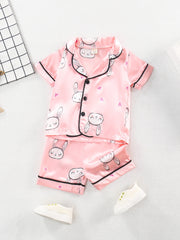 Girl's 2pcs Cartoon Rabbit Pajamas Button Top & Shorts Set