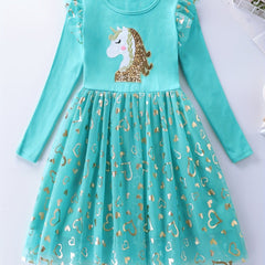 Princess Unicorn Sequin Long Sleeve Fall Dress Kids Birthday Party Wedding Tulle
