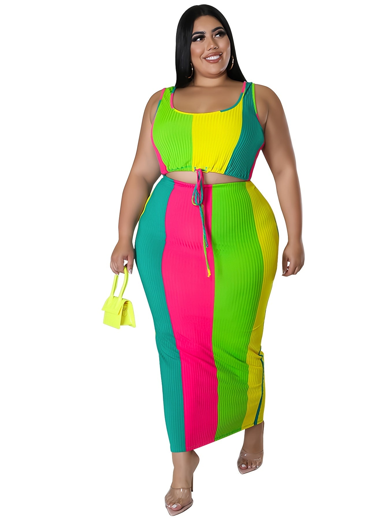 Colorblock Ribbed Tank Top & Skirt Set Women's Plus Medium Stretch 2pc