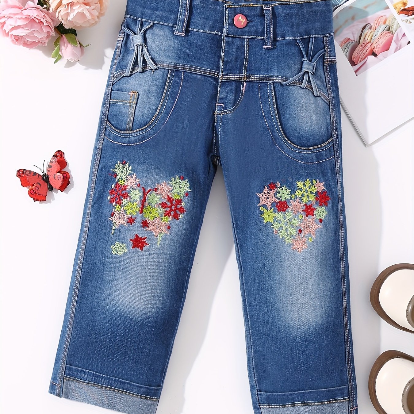 Girls' Floral Butterfly Embroidered Denim Capris