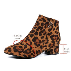 Leopard Chunky Heel Short Boots Women's Ankle Boots Pointed Toe Zip