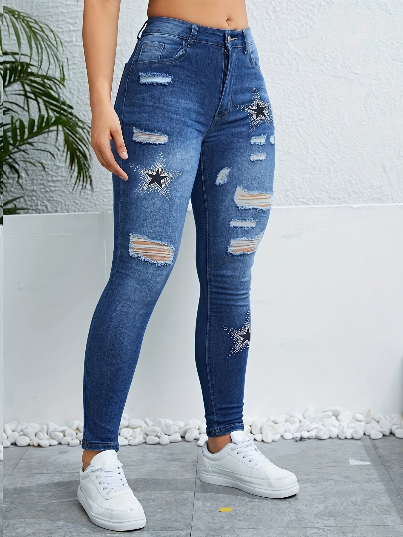 Star Pattern Ripped Holes Skinny Jeans Slim Fit